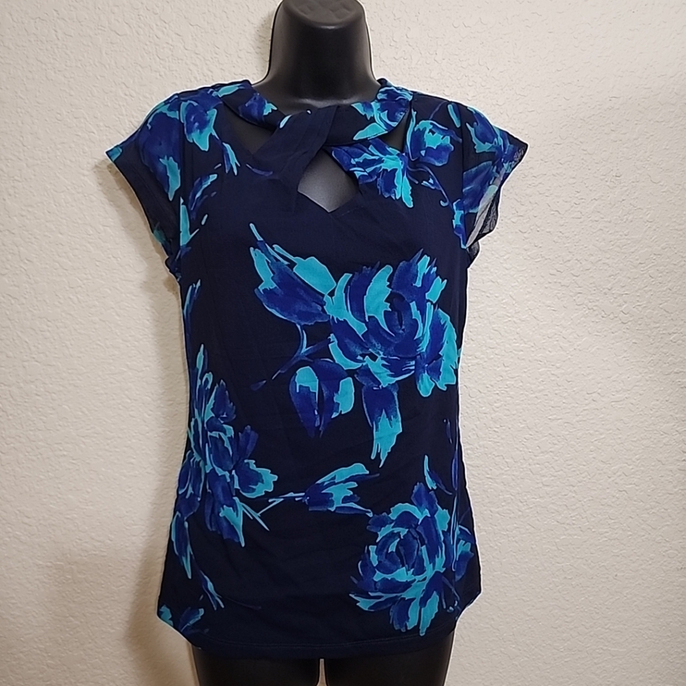 inc international concepts Blouse Women’s Floral Blue Open Cross Chest Size M